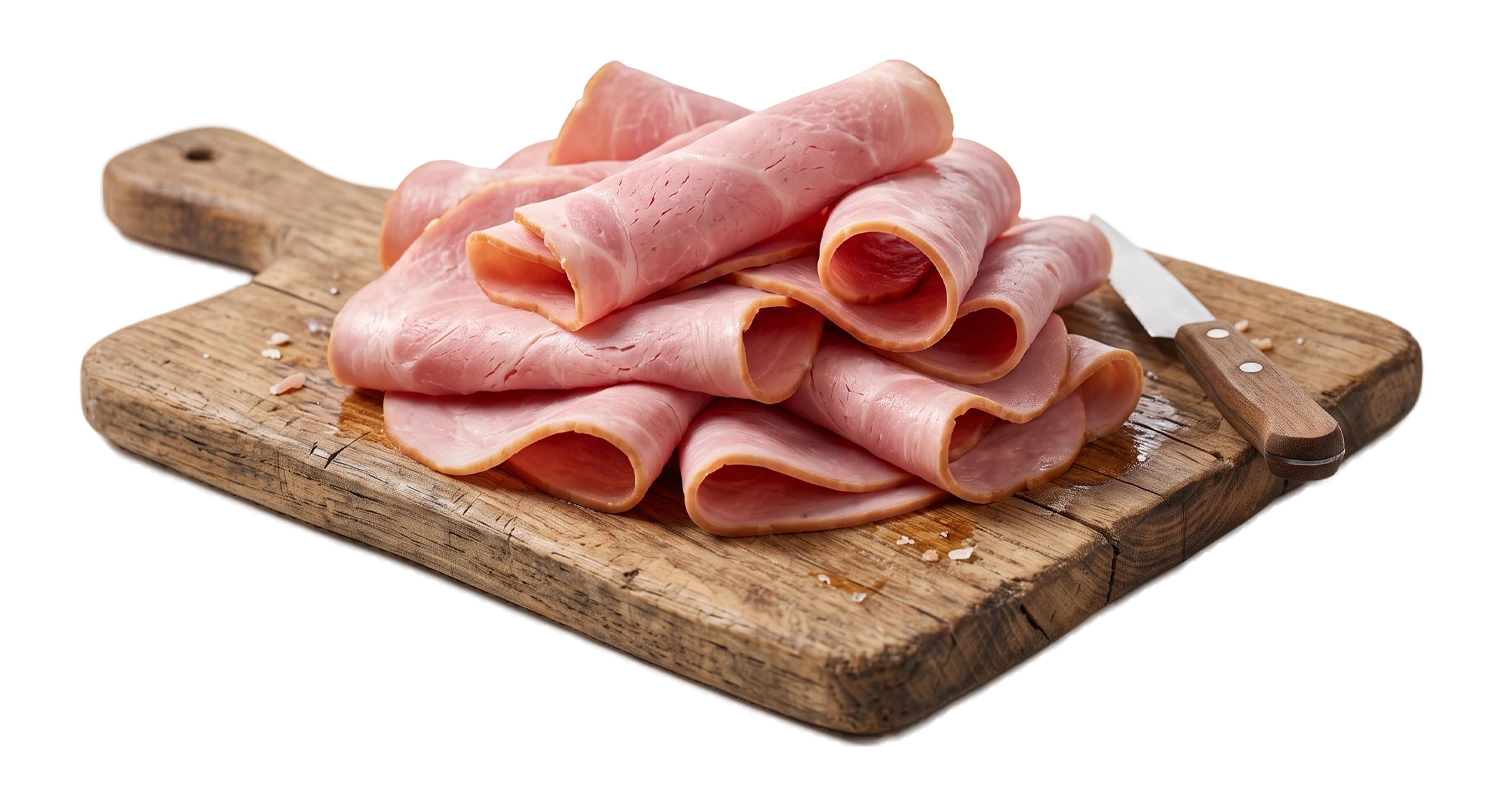 Jamón en láminas sobre tabla de madera