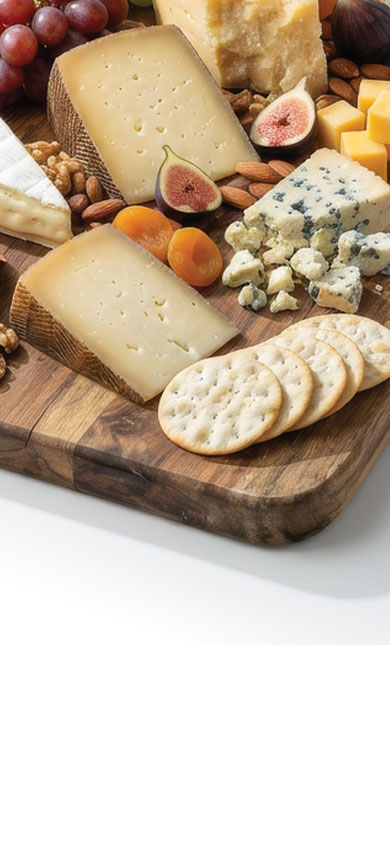 Tabla de quesos con uvas, higos, nueces, pan y mermelada