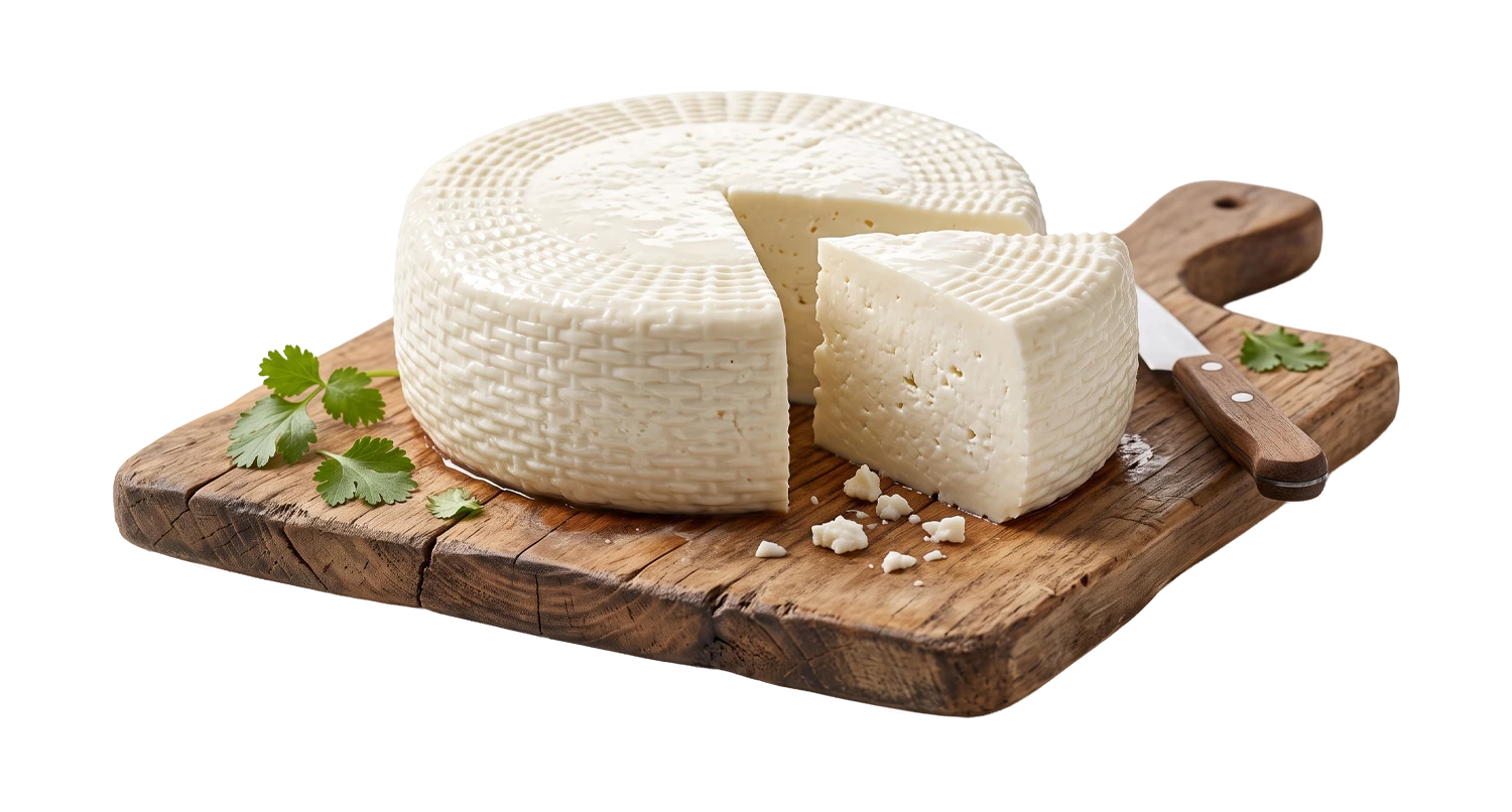 Queso fresco sobre tabla de madera con cilantro